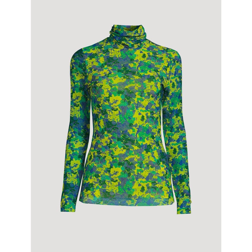 Ganni Painterly Print Turtleneck Top Mesh Blouse Womens XL Artsy Bold Retro